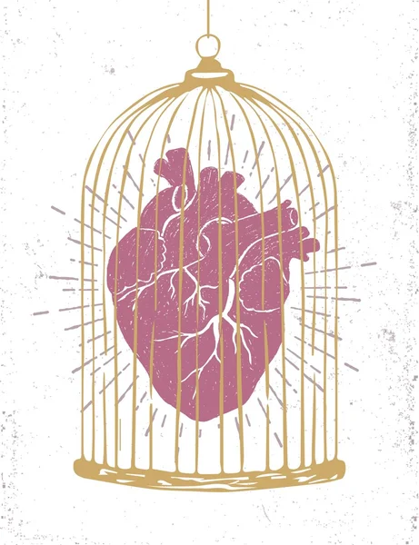 Romantic poster with a human heart in a cage. — Stock Vector