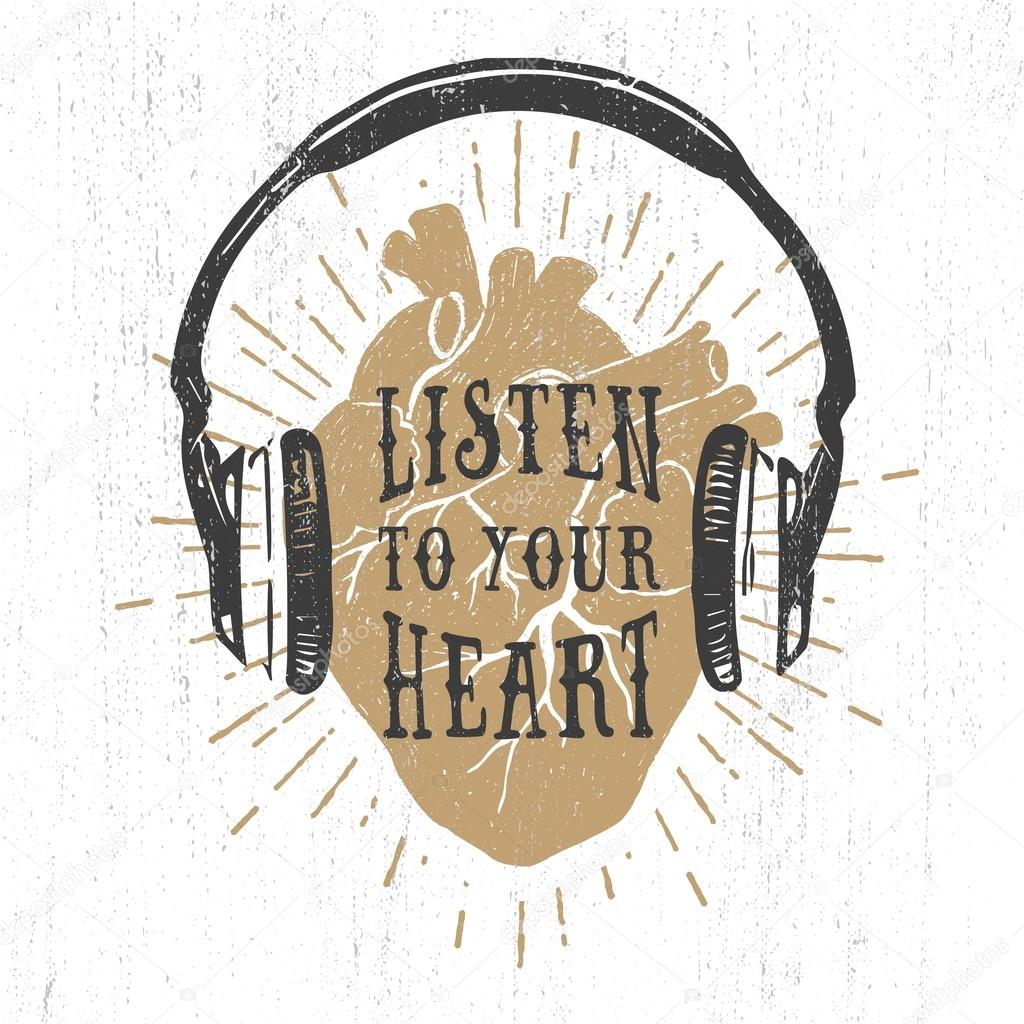 Romantic poster with human heart, headphones, and lettering.