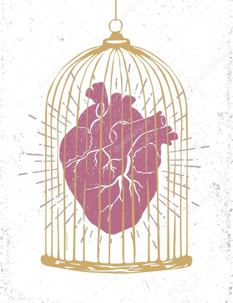 Hand drawn textured romantic poster with human heart in a cage vector illustration.