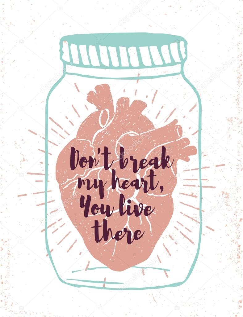 Romantic poster with human heart in a jar.