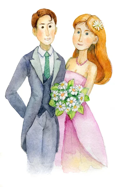 Jeunes mariés, mariage, mariée et marié, couple fiancé, invitation de mariage, carte de vœux, aquarelle — Photo