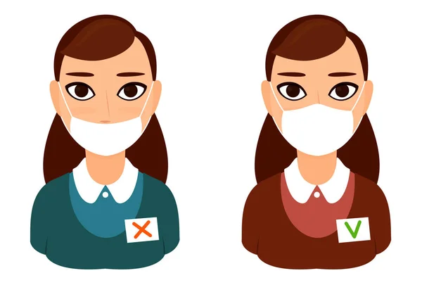 Incorrect and correct wearing of the mask - poster. covid 19. reception girl at the front desk, employee — Stock Vector