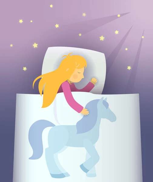 Маленькая девочка мечтает о голубом пони — стоковый вектор