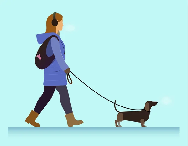 Chica con perro caminando — Vector de stock