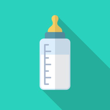 Uzun gölgeli süt şişesi ikonu. Düz tasarım tarzı. Bebek besleme şişesi basit bir siluet. Modern, şık renklerde minimalist bir simge. Web sitesi sayfası ve mobil uygulama tasarım vektör ögesi.