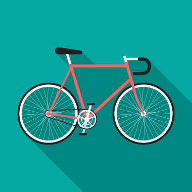 Uzun gölgeli bisiklet ikonu. Düz tasarım tarzı. Sabit dişli basit siluet. Modern, şık renklerde minimalist bir simge. Web sitesi sayfası ve mobil uygulama tasarım vektör ögesi.