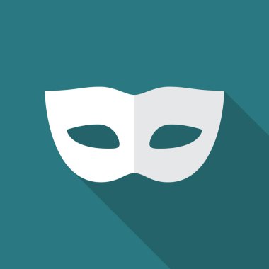 Uzun gölgeli karnaval maskesi ikonu. Düz tasarım tarzı. Maske basit bir siluet. Modern, şık renklerde minimalist bir simge. Web sitesi sayfası ve mobil uygulama tasarım vektör ögesi.