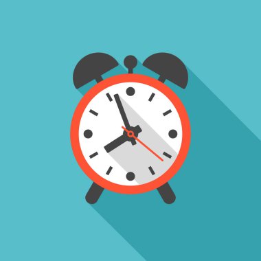 Uzun gölgeli çalar saat simgesi. Düz tasarım tarzı. Basit bir silüet. Modern, şık renklerde minimalist bir simge. Web sitesi sayfası ve mobil uygulama tasarım vektör ögesi.