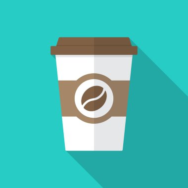 Uzun gölgeli kahve fincanı ikonu. Düz tasarım tarzı. Kahve fincanı basit bir siluet. Modern, şık renklerde minimalist bir simge. Web sitesi sayfası ve mobil uygulama tasarım vektör ögesi.