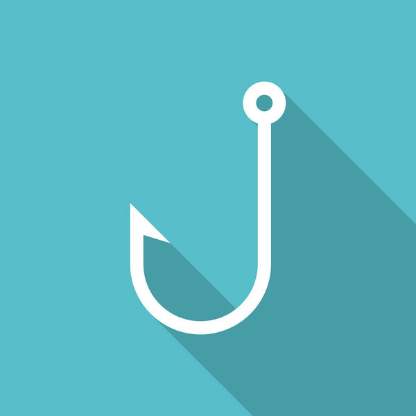 Fish hook icon with long shadow. Flat design style. Fish hook simple silhouette. Modern, minimalist icon in stylish colors. Web site page and mobile app design vector element.