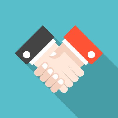 Uzun gölgeli tokalaşma ikonu. Düz tasarım tarzı. İş tokalaşma silueti. Basit bir ikon. Modern renkli düz simge. Web sitesi sayfası ve mobil uygulama tasarım vektör ögesi.