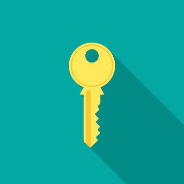 Uzun gölgeli anahtar simgesi. Düz tasarım tarzı. Anahtar basit siluet. Modern, şık renklerde minimalist bir simge. Web sitesi sayfası ve mobil uygulama tasarım vektör ögesi.