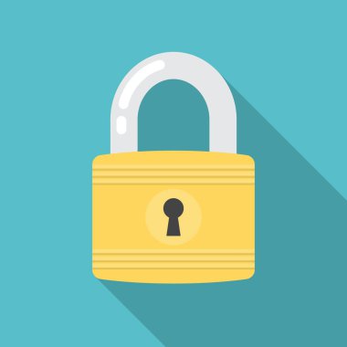 Simgeyi uzun gölgeli kilitle. Düz tasarım tarzı. Basit silueti kilitle. Modern, şık renklerde minimalist bir simge. Web sitesi sayfası ve mobil uygulama tasarım vektör ögesi.