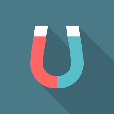 Uzun gölgeli mıknatıs simgesi. Düz tasarım tarzı. Mıknatıs, basit siluet. Modern, şık renklerde minimalist bir simge. Web sitesi sayfası ve mobil uygulama tasarım vektör ögesi.