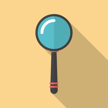 Uzun gölgeli büyüteç simgesi. Düz tasarım tarzı. Büyüteç basit bir siluet. Modaya uygun renklerde modern minimalist simge. Web sitesi sayfası ve mobil uygulama tasarım vektör ögesi.