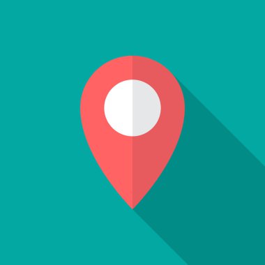 Harita imleci simgesini uzun gölgeyle göster. Düz tasarım tarzı. Harita işaretleyici basit siluet. Modern, şık renklerde minimalist bir simge. Web sitesi sayfası ve mobil uygulama tasarım vektör ögesi.