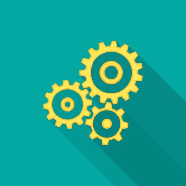 Uzun gölgeli dişli mekanizma ikonu. Düz tasarım tarzı. Mekanizma basit bir siluet. Modern, şık renklerde minimalist bir simge. Web sitesi sayfası ve mobil uygulama tasarım vektör ögesi.