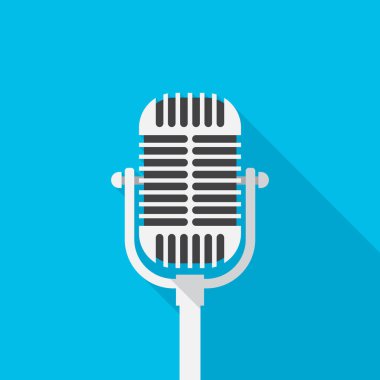 Uzun gölgeli eski bir mikrofon ikonu. Düz tasarım tarzı. Basit bir mikrofon silueti. Modern, şık renklerde minimalist bir simge. Web sitesi sayfası ve mobil uygulama tasarım vektör ögesi.
