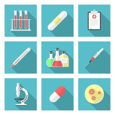 Uzun gölgeli tıbbi ikonlar. Düz tasarım tarzı. Tıbbi ekipman, basit siluet. Modern, şık renklerde minimalist bir simge. Web sitesi sayfası ve mobil uygulama tasarım vektör ögesi.