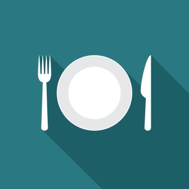 Uzun gölgeli tabak simgesi. Düz tasarım tarzı. Tabak basit siluet. Modern, şık renklerde minimalist bir simge. Web sitesi sayfası ve mobil uygulama tasarım vektör ögesi.