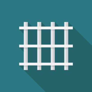 Uzun gölgeli hapishane parmaklıkları ikonu. Düz tasarım tarzı. Hapishane şebekesi basit bir siluet. Modern, şık renklerde minimalist bir simge. Web sitesi sayfası ve mobil uygulama tasarım vektör ögesi.