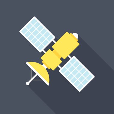 Uzun gölgeli uydu simgesi. Düz tasarım tarzı. Basit bir uydu silueti. Modern, şık renklerde minimalist bir simge. Web sitesi sayfası ve mobil uygulama tasarım vektör ögesi.