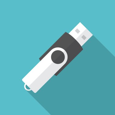 Uzun gölgeli USB flash disk simgesi. Düz tasarım tarzı. USB flash disk basit bir siluet. Modern, şık renklerde minimalist bir simge. Web sitesi sayfası ve mobil uygulama tasarım vektör ögesi