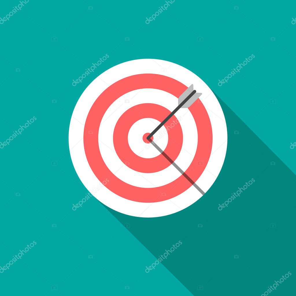 Target icon with long shadow. Flat design style. Dartboard simple silhouette. Modern, minimalist icon in stylish colors. Web site page and mobile app design vector element.