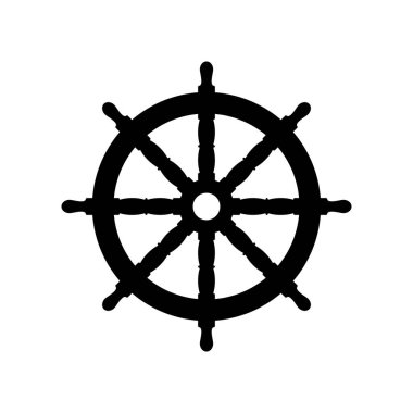 Tekne direksiyon ikonu. Siyah, minimalist simge beyaz arkaplanda izole edilmiş. Gemi dümeni basit bir siluet. Web sitesi sayfası ve mobil uygulama tasarım vektör ögesi.