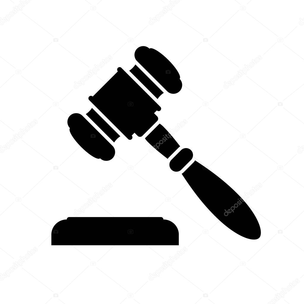 Auction or judge gavel icon. Black, minimalist icon isolated on white background. Auction or judge gavel simple silhouette. Web site page and mobile app design vector element.