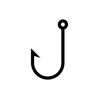 Balık kancası ikonu. Siyah, minimalist simge beyaz arkaplanda izole edilmiş. Balık oltası basit siluet. Web sitesi sayfası ve mobil uygulama tasarım vektör ögesi.