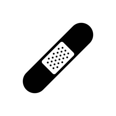 Yara bandı ikonu. Siyah, minimalist simge beyaz arkaplanda izole edilmiş. Tıbbi yama basit bir siluet. Web sitesi sayfası ve mobil uygulama tasarım vektör ögesi.