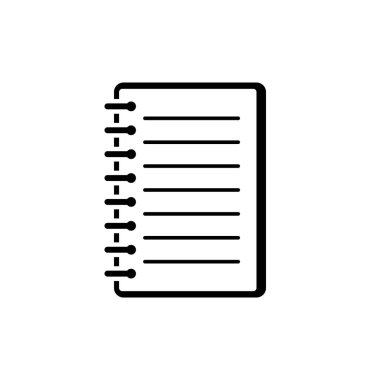 Not defteri simgesi. Siyah, minimalist simge beyaz arkaplanda izole edilmiş. Basit bir siluet değil. Web sitesi sayfası ve mobil uygulama tasarım vektör ögesi.