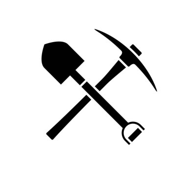 Shovel and pickaxe icon. Black icon isolated on white background. Shovel and pick axe silhouette. Simple icon. Web site page and mobile app design vector element. clipart