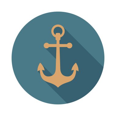 Uzun gölgeli çapa ikonu. Düz tasarım tarzı. Çapa sade siluet. Modern, minimalist, renkli yuvarlak bir simge. Web sitesi sayfası ve mobil uygulama tasarım vektör ögesi.