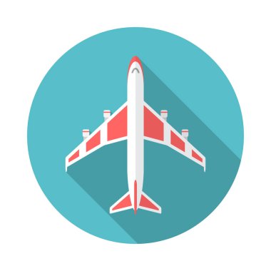 Uzun gölgeli uçak dairesi ikonu. Düz tasarım tarzı. Uçak basit bir siluet. Modern, minimalist, renkli yuvarlak bir simge. Web sitesi sayfası ve mobil uygulama tasarım vektör ögesi.