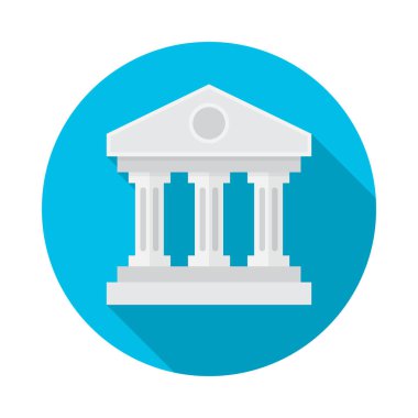 Uzun gölgeli banka binası ikonu. Düz tasarım tarzı. Basit bir siluet bankası. Modern, minimalist, renkli yuvarlak bir simge. Web sitesi sayfası ve mobil uygulama tasarım vektör ögesi