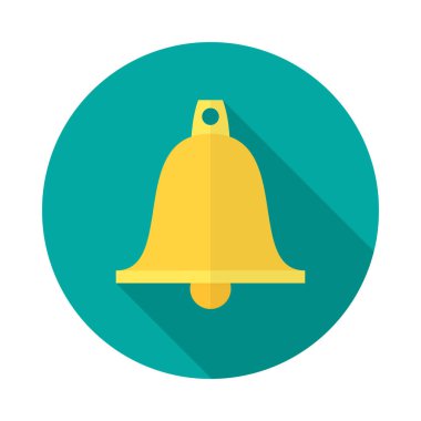 Uzun gölgeli çan dairesi ikonu. Düz tasarım tarzı. Zil basit bir siluet. Modern, minimalist, renkli yuvarlak bir simge. Web sitesi sayfası ve mobil uygulama tasarım vektör ögesi.
