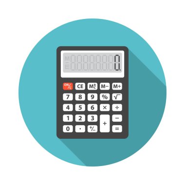 Uzun gölgeli bir hesap makinesi simgesi. Düz tasarım tarzı. Basit siluet hesaplayıcı. Modern, minimalist, renkli yuvarlak bir simge. Web sitesi sayfası ve mobil uygulama tasarım vektör ögesi.