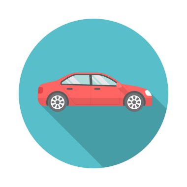 Uzun gölgeli araba dairesi ikonu. Düz tasarım tarzı. Basit bir siluet. Modern, minimalist, renkli yuvarlak bir simge. Web sitesi sayfası ve mobil uygulama tasarım vektör ögesi.