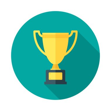 Uzun gölgeli zafer çemberi ikonu. Düz tasarım tarzı. Kupa gibi basit bir siluet. Modern, minimalist, renkli yuvarlak bir simge. Web sitesi sayfası ve mobil uygulama tasarım vektör ögesi.