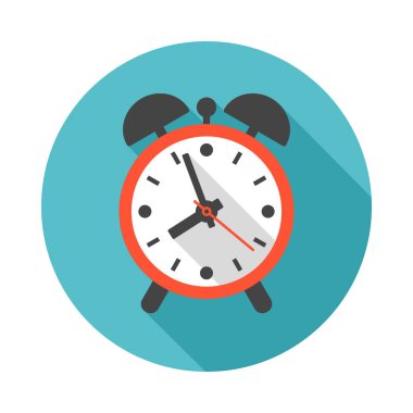 Alarm çember simgesi uzun gölgeli. Düz tasarım tarzı. Basit bir silüet. Modern, minimalist, renkli yuvarlak bir simge. Web sitesi sayfası ve mobil uygulama tasarım vektör ögesi.