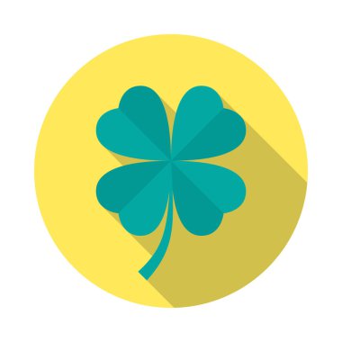 Uzun gölgeli dört yapraklı yonca çemberi simgesi. Düz tasarım tarzı. Clover basit bir siluet. Modern, minimalist, renkli yuvarlak bir simge. Web sitesi sayfası ve mobil uygulama tasarım vektör ögesi.
