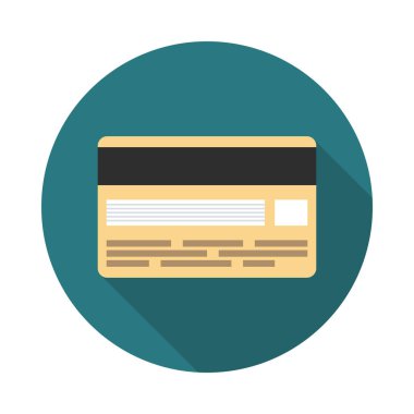 Uzun gölgeli kredi kartı çemberi simgesi. Düz tasarım tarzı. Kredi kartı basit bir siluet. Modern, minimalist, renkli yuvarlak bir simge. Web sitesi sayfası ve mobil uygulama tasarım vektör ögesi.
