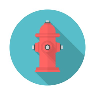 Uzun gölgeli yangın musluğu dairesi ikonu. Düz tasarım tarzı. Yangın musluğu basit bir siluet. Modern, minimalist, renkli yuvarlak bir simge. Web sitesi sayfası ve mobil uygulama tasarım vektör ögesi.