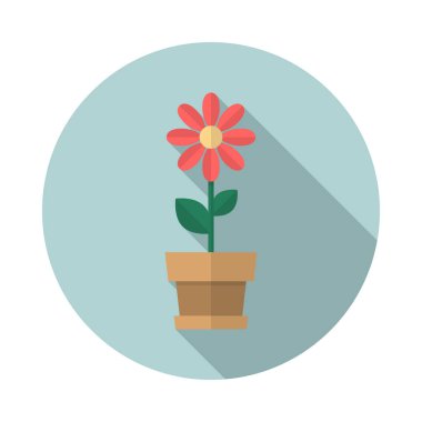 Çember şeklinde uzun gölgeli bir çiçek. Düz tasarım tarzı. Çiçek şeklinde basit bir siluet. Modern, minimalist, renkli yuvarlak bir simge. Web sitesi sayfası ve mobil uygulama tasarım vektör ögesi.
