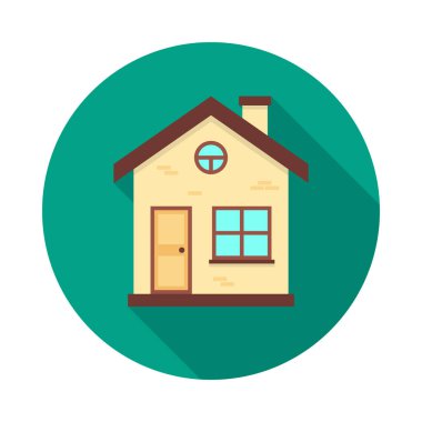 Uzun gölgeli ev çemberi ikonu. Düz tasarım tarzı. Basit bir siluet. Modern, minimalist, renkli yuvarlak bir simge. Web sitesi sayfası ve mobil uygulama tasarım vektör ögesi.