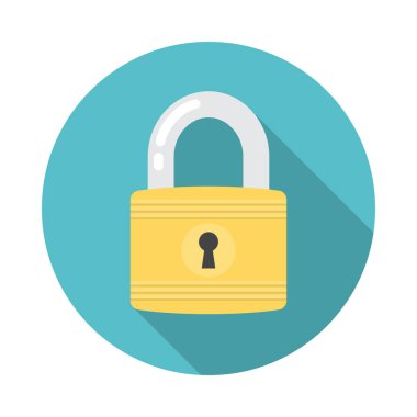 Uzun gölgeli daire simgesini kilitle. Düz tasarım tarzı. Basit silueti kilitle. Modern, minimalist, renkli yuvarlak bir simge. Web sitesi sayfası ve mobil uygulama tasarım vektör ögesi.