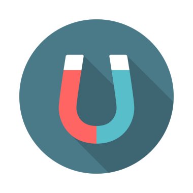 Uzun gölgeli mıknatıs dairesi simgesi. Düz tasarım tarzı. Mıknatıs, basit siluet. Modern, minimalist, renkli yuvarlak bir simge. Web sitesi sayfası ve mobil uygulama tasarım vektör ögesi.