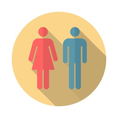 Uzun gölgeli kadın ve erkek daire ikonu. Düz tasarım tarzı. Erkek ve kadın basit bir siluet. Modern yuvarlak renkli simge. Web sitesi sayfası ve mobil uygulama tasarım vektör ögesi.